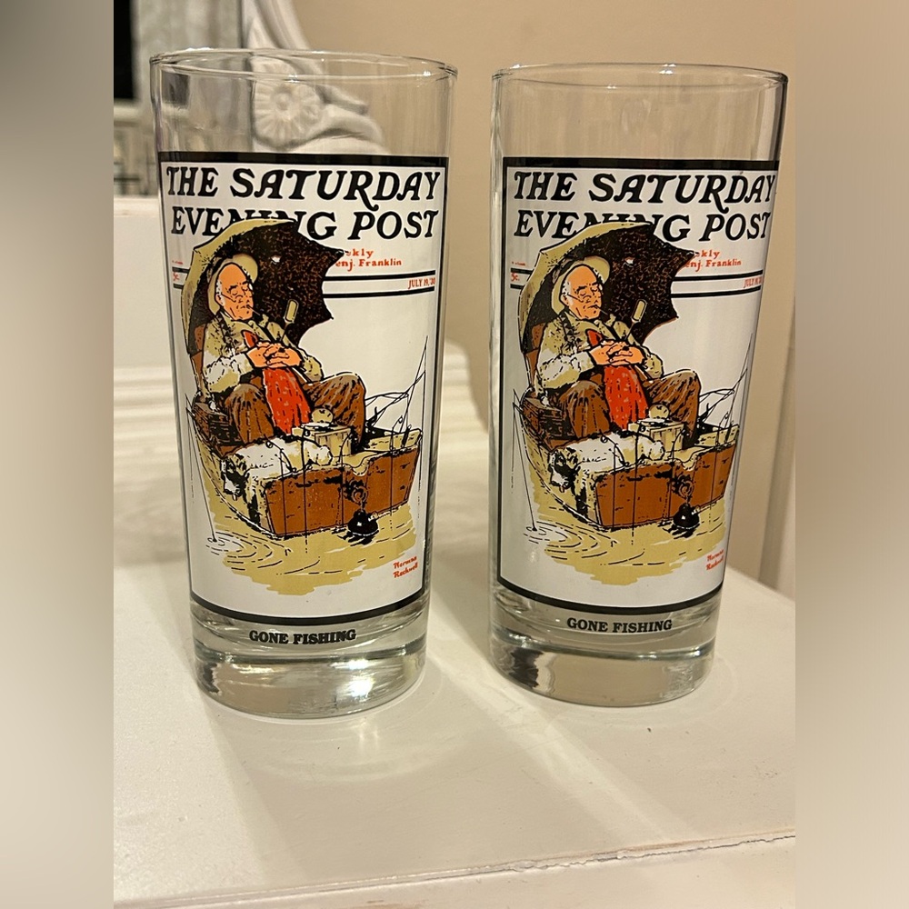 GONE FISHING, Collectible Arbys 1987 Sat  Eve Post Glasses, Norman Rockwell